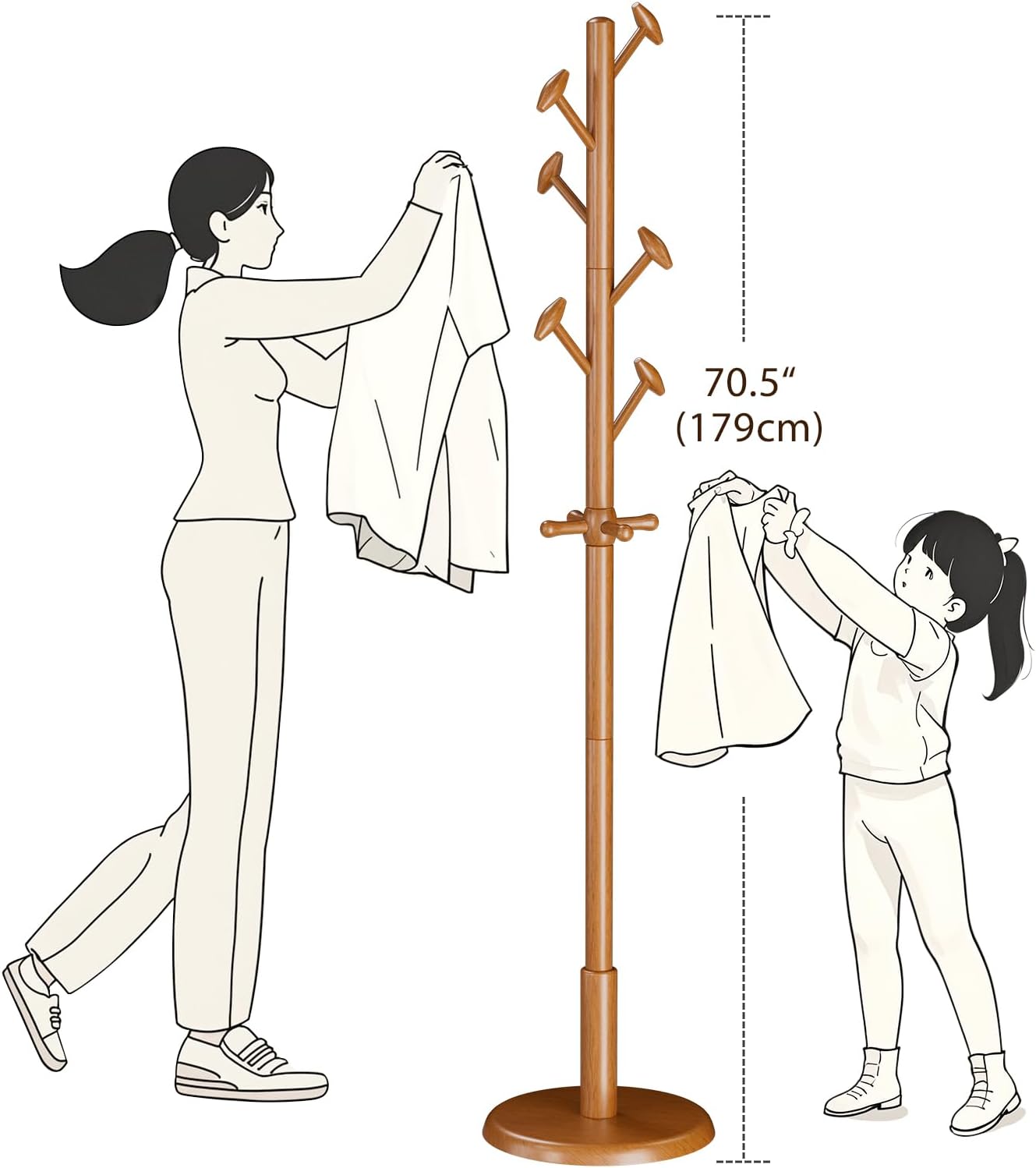 Solid Wood Coat Rack Freestanding Coat Tree with 10 Hooks for Bedroom, Livingroom, Entryway, Sturdy Coat Hanger Stand for Hats, Coats, Scarves, Handbags, Purses