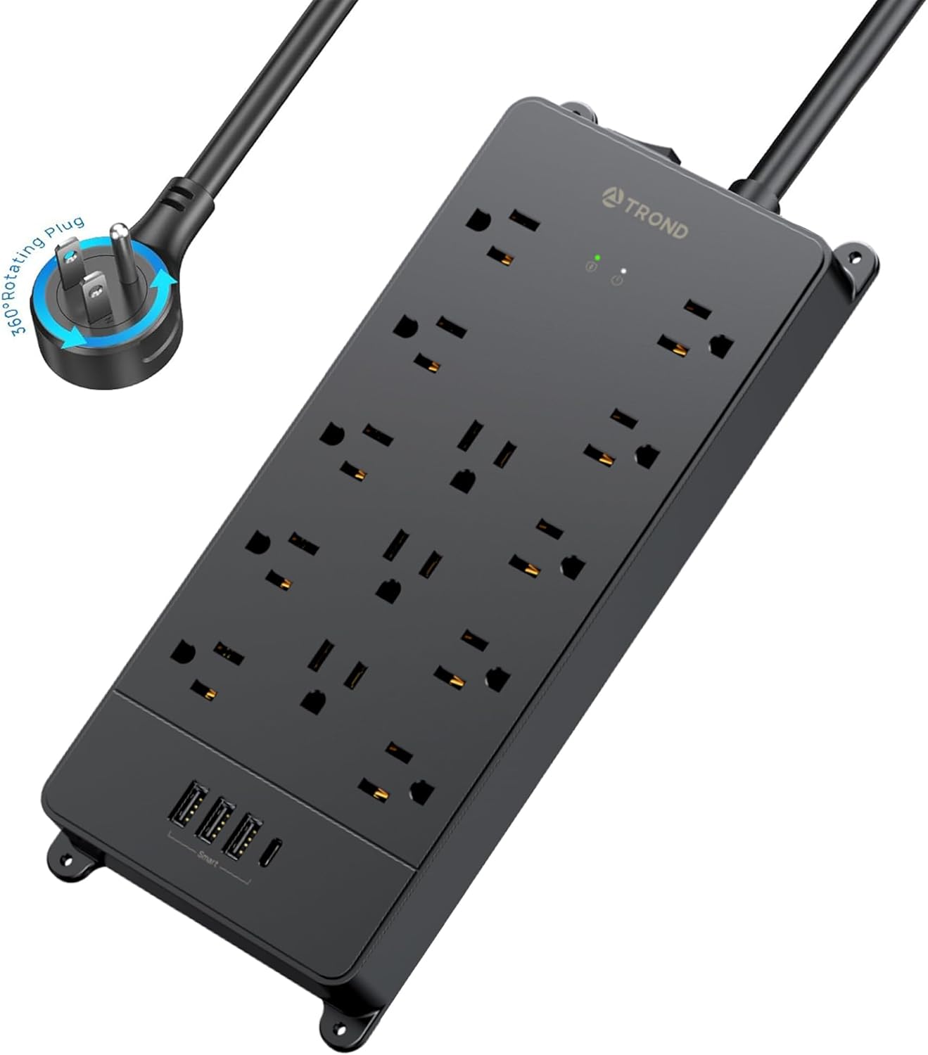 TROND Surge Protector Power Strip, 360° Rotating Flat Plug, 13AC Widely Spaced Outlets Expansion with USB C Port, 4000 Joules, 5ft Extension Cord Heavy Duty, Wall Mount, Under Desk, ETL Listed, Black
