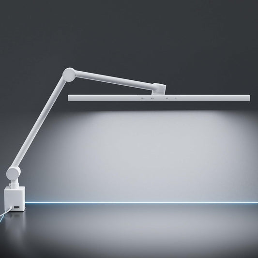 deeloop 2-Arms Swing Long LED Desk Lamp with Clamp, CRI 95+ Eye-Caring Light, USB Charging Output, 2-Hour Timer, Dimmable Desk Light with Memory, Architect Desk Lamps for Home Office Reading &Monitor
