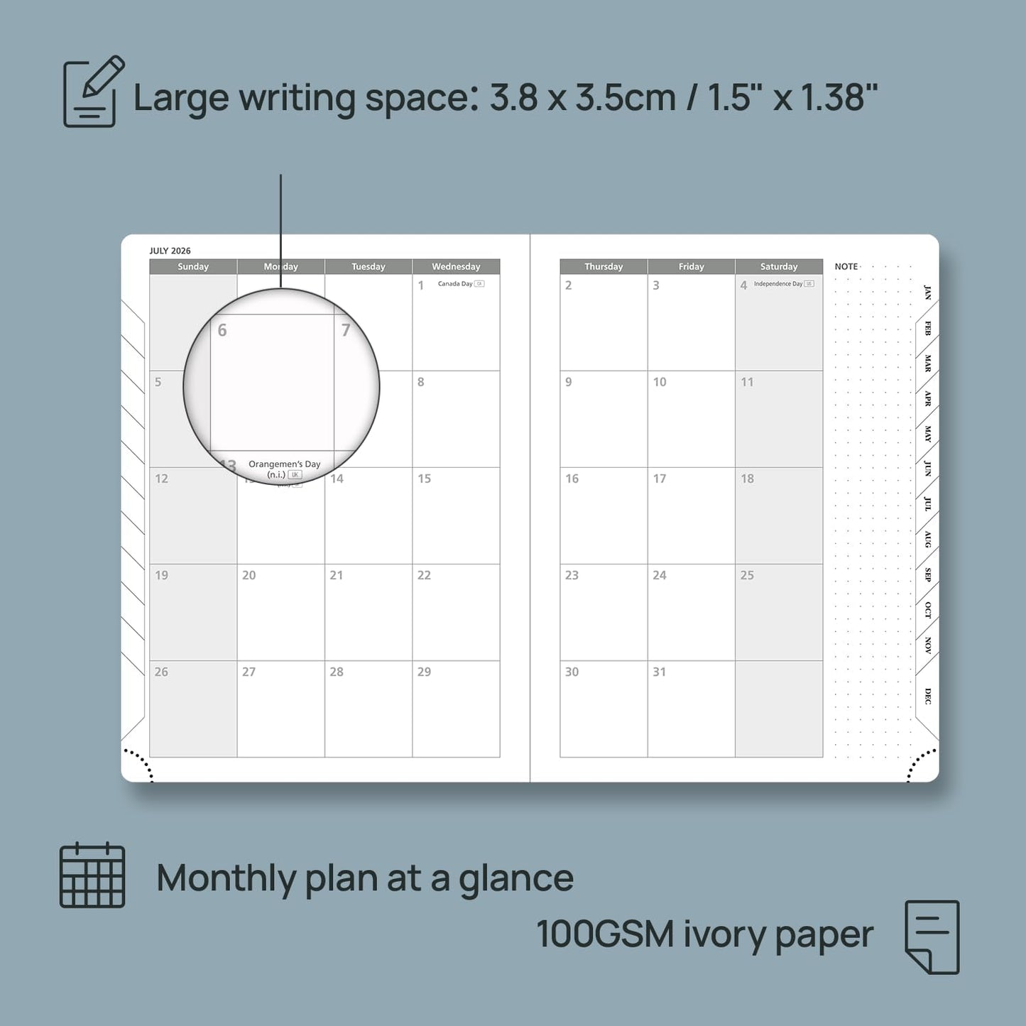 POPRUN Weekly Planner 2026 (Medium 6.5" x 8.5") Calendar 12 Months Notebook with Horizontal Layout, Leather Soft Cover, Monthly Tabs, Inner Pocket, 100GSM Thick Paper, Pen Holder - Cerulean Blue