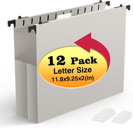 Extra Capacity Plastic Hanging File Folders,12 Pack Reinforced Expanding Hang Folder Letter Size,Accordian Pocket,Heavy Duty 2 Inch Expansion, Hard Hanging Folder Organizer for Office Home,Grey