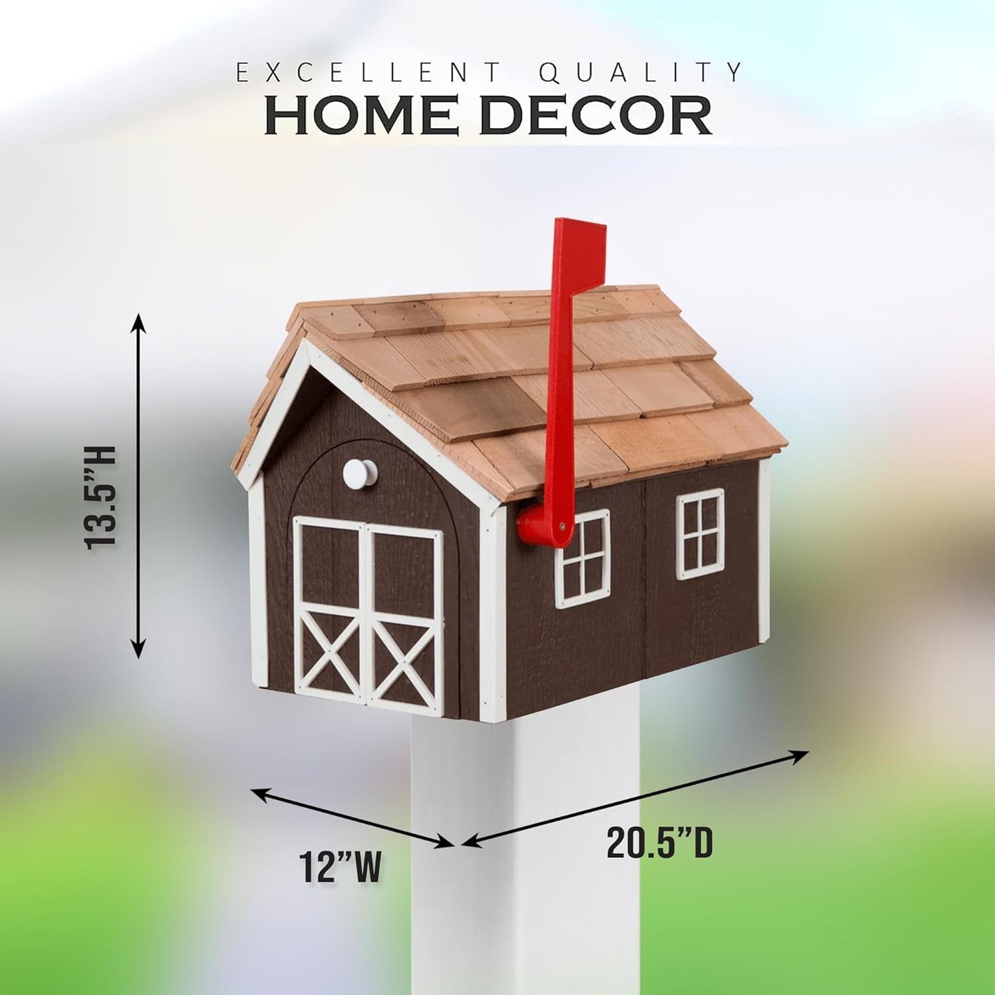 Peaceful Classics Amish Cedar Roof Wooden Mailbox with Window & Door Trim, Handcrafted Mailboxes for Outside, Post Mount Residential Mailboxes - (Clay & Brown, Wood)