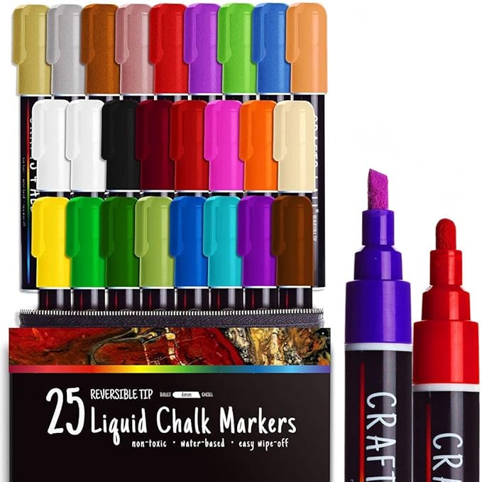 Crafts 4 All Liquid Chalk Markers for Blackboard Signs, Bistro Menu, Car Window Glass - Dry Erase, Washable - 25 Colored Chalk Pens w/Reversible Tips & Tweezers - Bonus White Chalkboard Marker