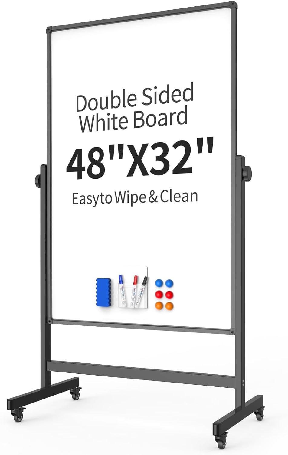 48x32inches Mobile Whiteboard - Adjustable Height, Standing Whiteboard on Wheels, Double-Sided Magnetic Dry Erase Board for Office, Home, Classroom