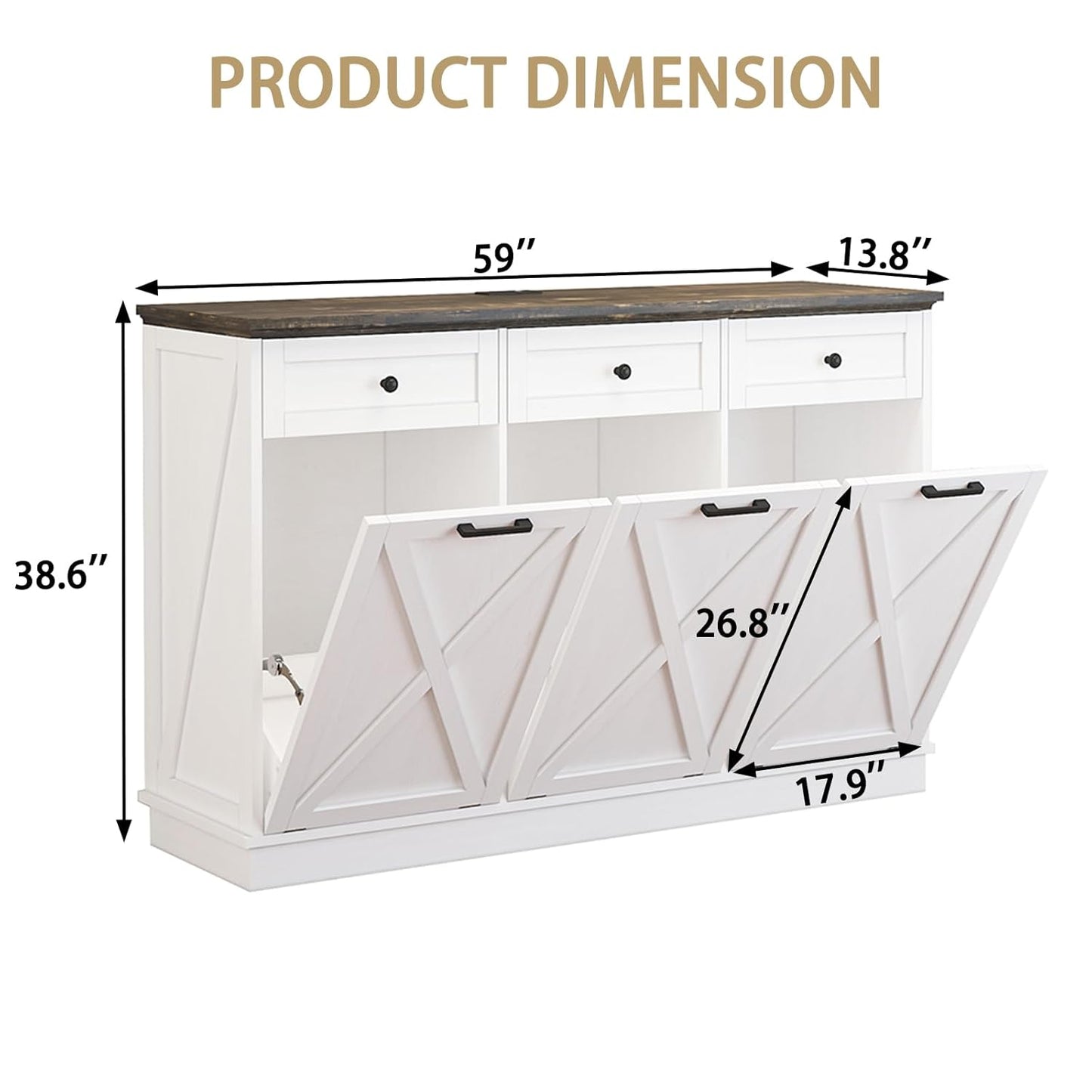 Triple 13 Gallons Tilt Out Trash Cabinet, Farmhouse Garbage Recycling Cabinet with Power Outlets, 3 Drawers, Pet Proof, Freestanding Kitchen Trash Bin Cabinets, White