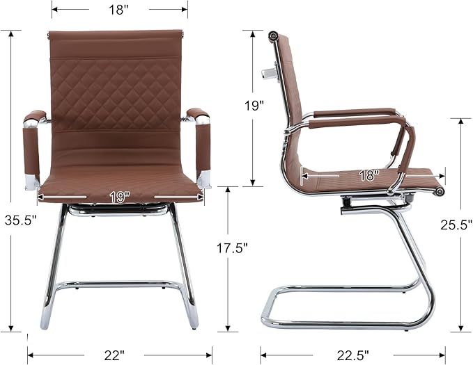 Modern Office Chairs Set of 2, Brown Faux Leather, Ergonomic, Adjustable Height, Conference Room, Reception Area