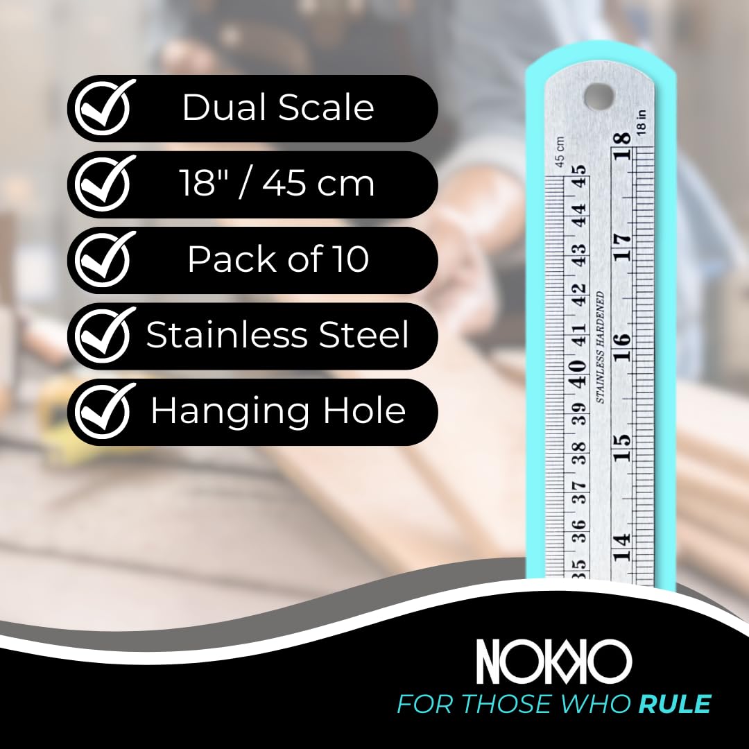 NOKKO Metal Ruler 18 Inch - Pack of 10 - Stainless Steel Ruler Set with Straight Edge Rulers - Precise Metric & Imperial Measurements - Ideal for School, Office, Woodworking & Craft Projects