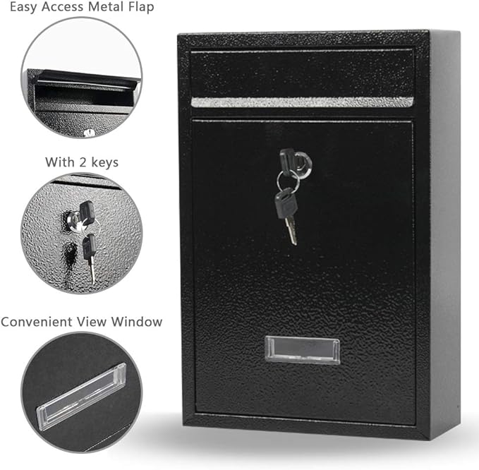 KYODOLED Key Lock MailBoxes for Outside, Locking Wall Mount Mailbox, Security Key Drop Box for Letters Newspapers, Cards, 12.4H x 8.54L x 3.35W Inches, Black