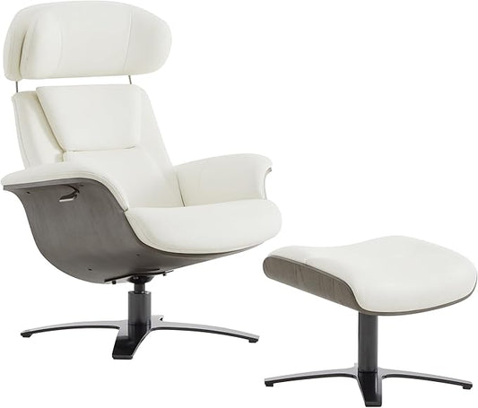 CHITA Genuine Leather Reclining Swivel Chair with Adjustable Headrest and Ottoman for Living Room, White