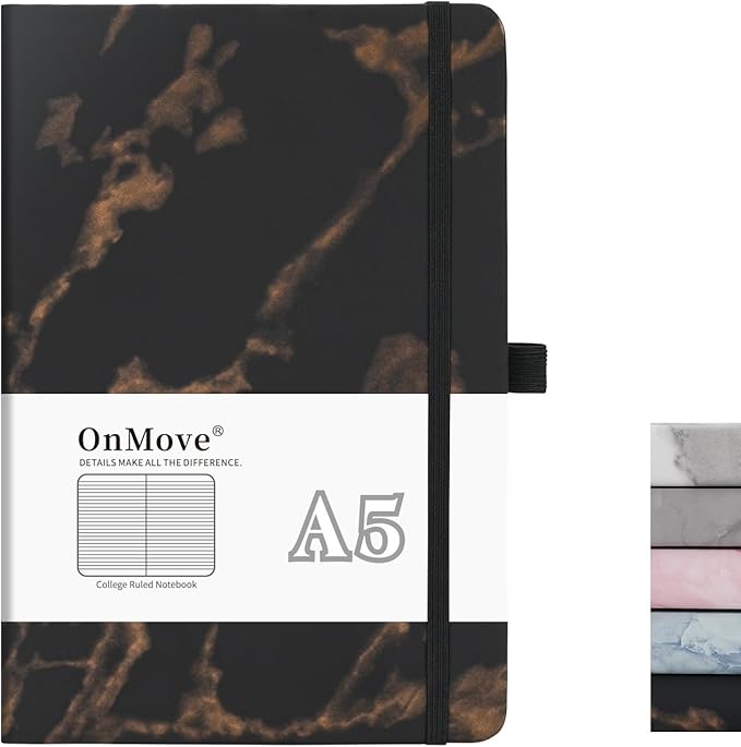 Lined Notebook Journal for Women Men 200 Pages A5 Hardcover Leather with Pen Holder College Ruled Journals for Work Note Taking Travel School (Lined, Black-B)