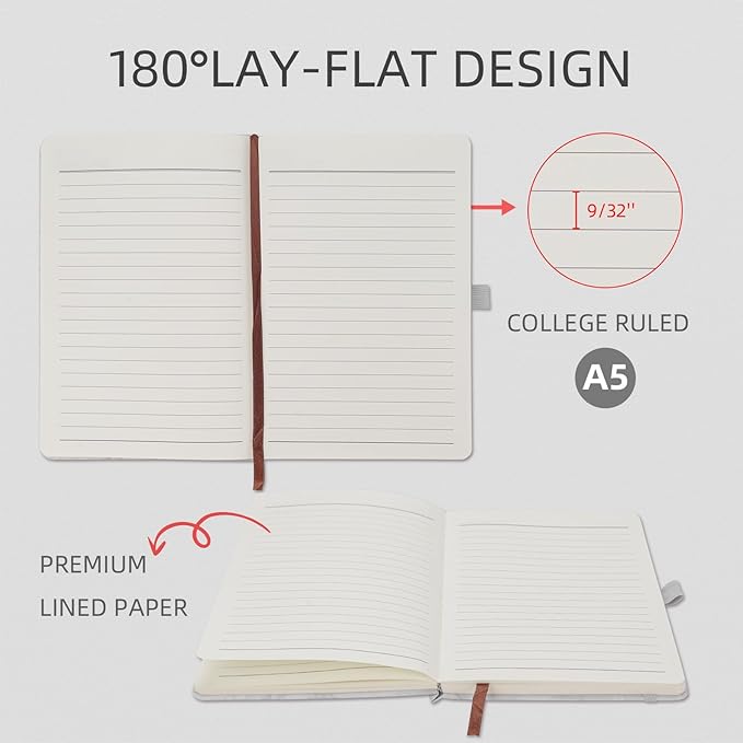 Lined Notebook Journal for Women Men 200 Pages A5 Hardcover Leather with Pen Holder College Ruled Journals for Work Note Taking Travel School (Lined, Gray-B)