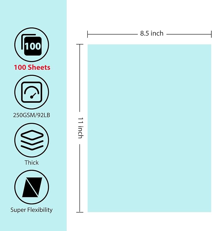 OcePor 100 Sheets Blue Cardstock Paper, Colored Printer Paper 8.5 x 11, Card Stock Thick Construction for Craft,Scrapbook，Office Printing, Invitations, Certificates，92 lb/250gsm