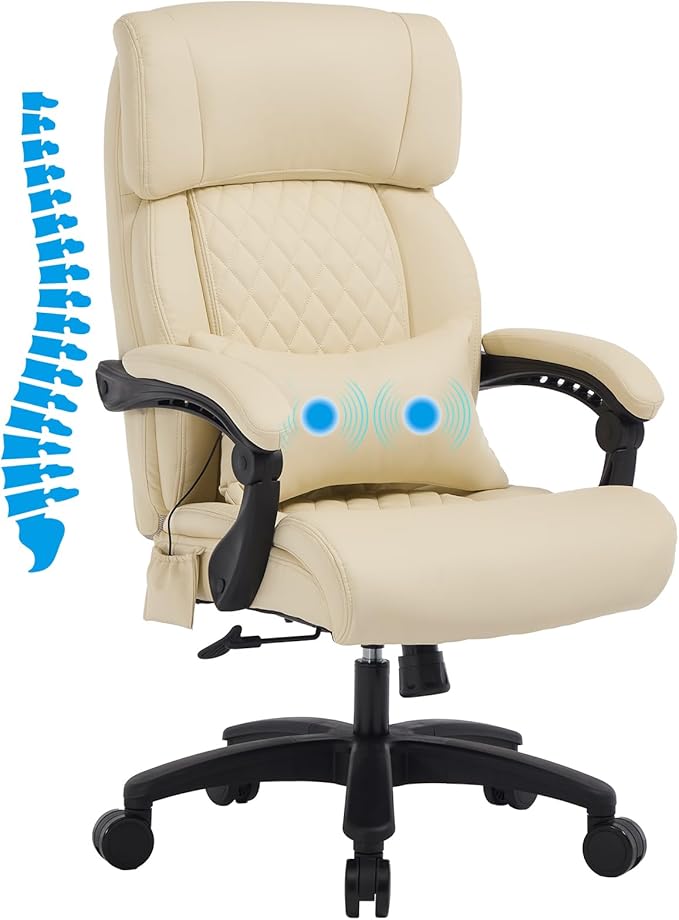 Lumbar Massage Office Chair, 500LBS Big and Tall Office Chair, Heavy Duty Ergonomic Executive Reclining Chair with High Back and Lumbar Support, Beige