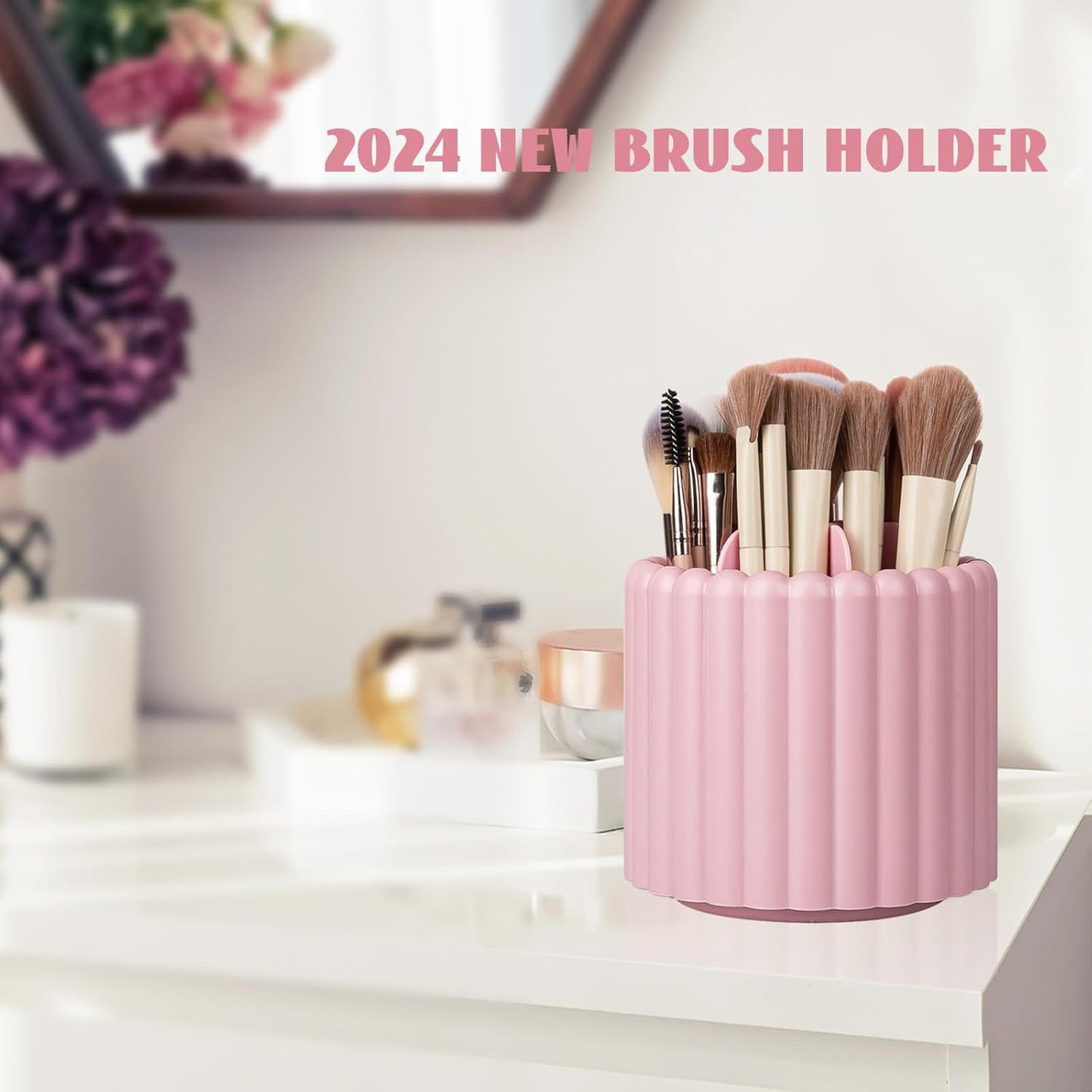 Anyoifax 360 Rotating Makeup Brush Holder 7 Slots Make Up Brush Organizer Removable Spinning Cosmetic Brushes Storage Pen Holder for Vanity, Dresser, Desk, Pink