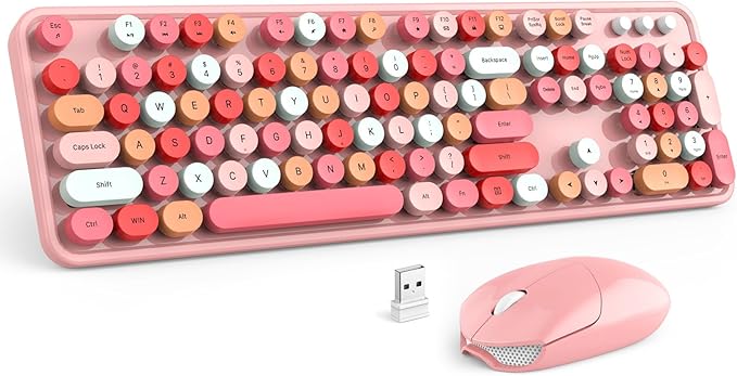 MOFII Wireless Keyboard and Mouse, Pink Colorful Round Key Retro Typewriter Keyboards, USB Wireless 2.4G Full Size Keyboard and Cute Mice Combo for Computer, Laptop, PC, Chromebook, Smart TV