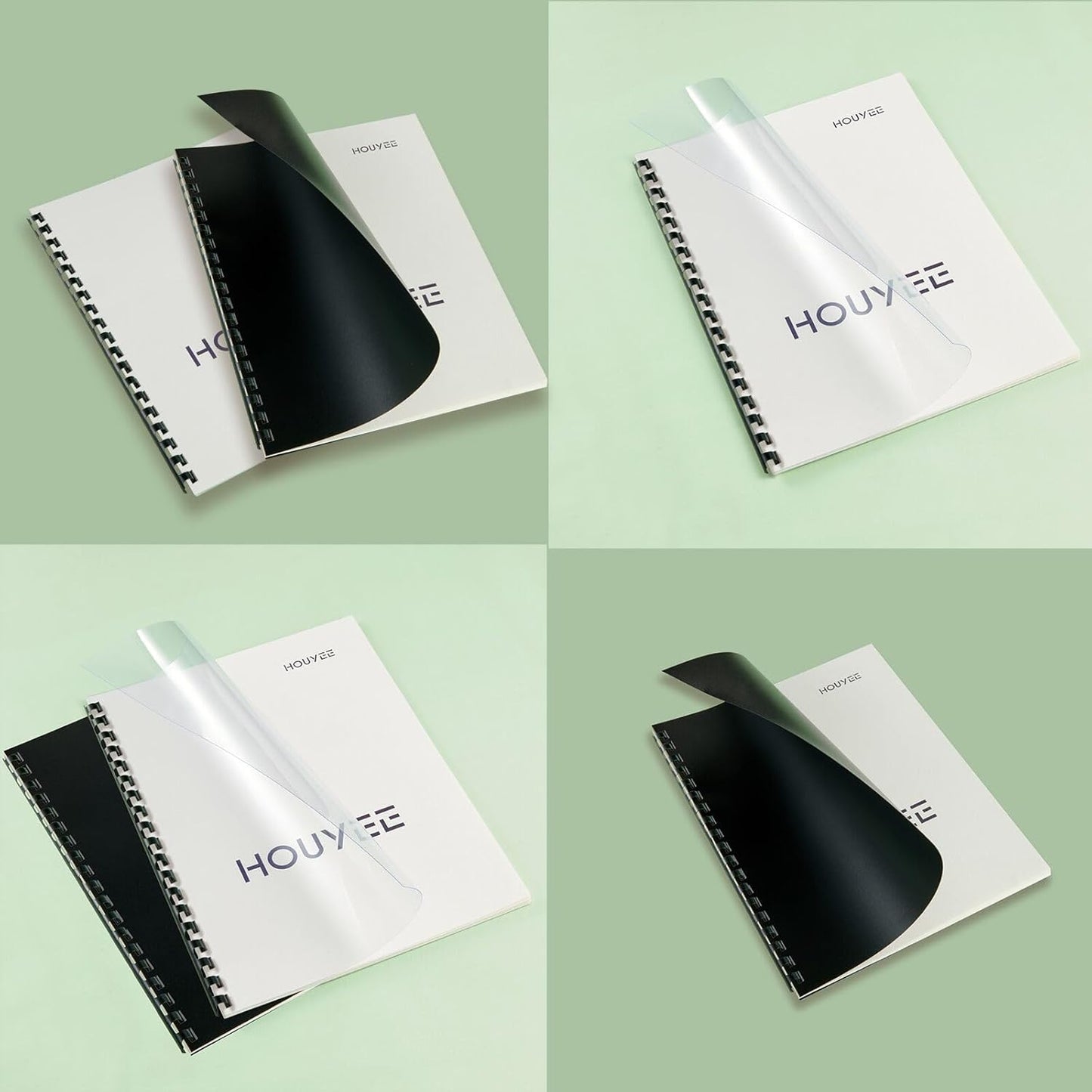 HOUYEE 100 Pack Binding Covers Set, 8.5x11 Inches, Including 50 Pcs 8 Mil Clear Binding Covers, 50 Pcs 12 Mil Black Sand Plastic