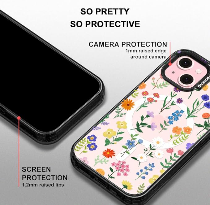 MOSNOVO Magnetic Case for iPhone 15 Plus, 10ft Military-Grade Protection, Compatible with Magsafe, Shockproof Phone Case for iPhone 15 Plus / 14 Plus - Botanical Floral - Clear Black