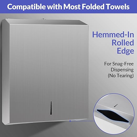 Paper Towel Dispenser Wall Mount, Brushed Stainless Steel Commercial Paper Towel Holder with Lock, Large Capacity 400 C Fold/525 Multifold Towels