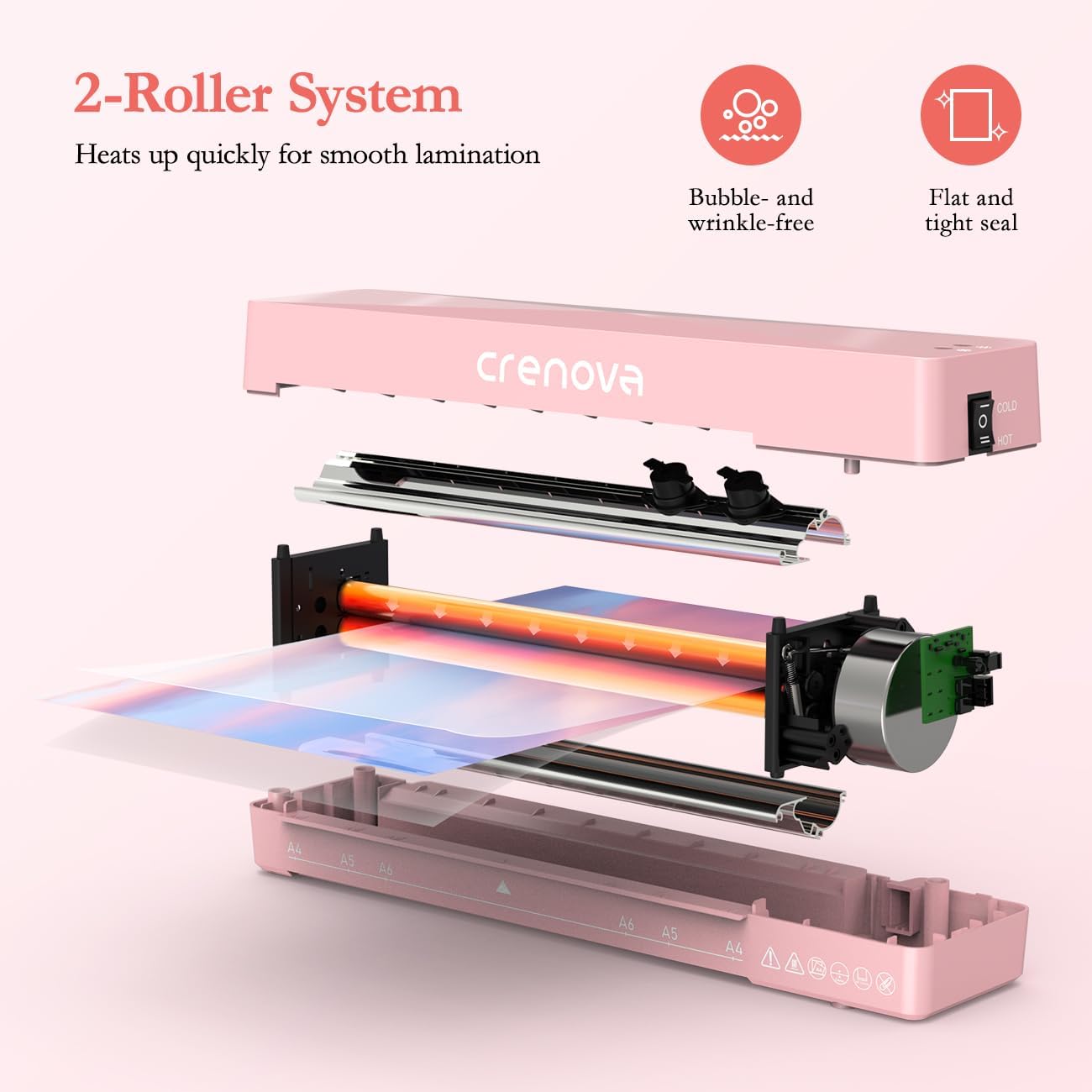 Crenova A4 Laminator Machine 4 in 1 Personal Desktop Hot & Cold with 10 Laminating Pouches No Bubbles 9 Inch Thermal Laminator for Home Office School Business Use Pink