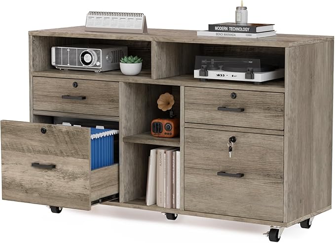VINGLI Wide 4 Drawer File Cabinet with Lock, Rustic Grey Rolling File Cabinet with Open Shelves, Lockable Printer Stand, Letter Sized