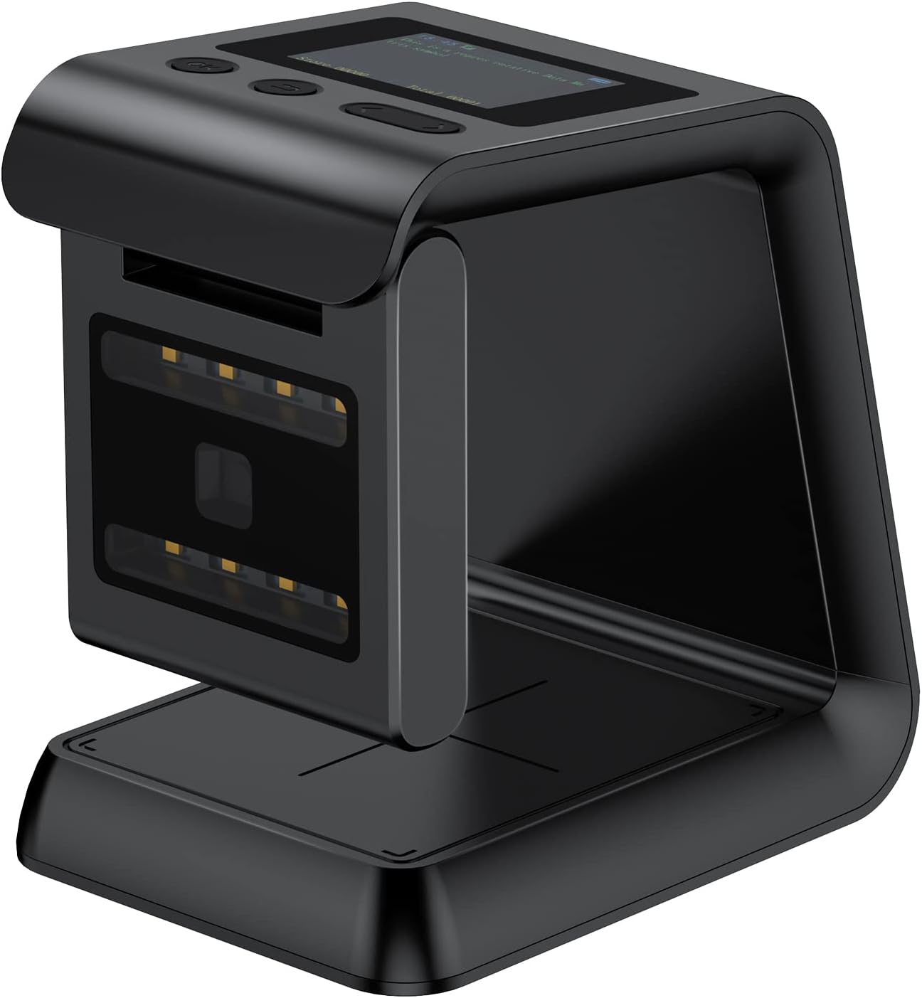 Alacrity 2D QR Wireless Barcode Scanner Hands-Free Omnidirectional Desktop Bar Code Scanner with Screen Display Compatible with Bluetooth & 2.4GHz Wireless for Airport Supermarket