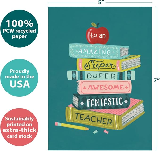 Tree-Free Greetings Teacher Appreciation Cards - Artful Designs - 2 Cards + Matching Envelopes - Made in USA - 100% Recycled Paper - 5"x7" - Lighthearted,For Teacher,Awesome Fantastic Teacher (GT64446)
