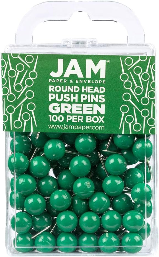 JAM PAPER Colorful Push Pins - Round Head Map Thumb Tacks - Green Pushpins - 100/Pack