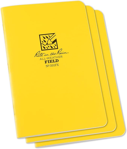 Rite in the Rain Weatherproof Stapled Notebook, 4.625" x 7", Yellow Cover, Field Pattern, 3 Pack (No. 351FX)