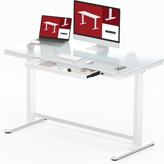SANODESK Standing Desk with Drawer, Electric Height Adjustable Home Office Desk with Storage & USB Ports, 48 inch Tempered Glass Tabletop/White Frame