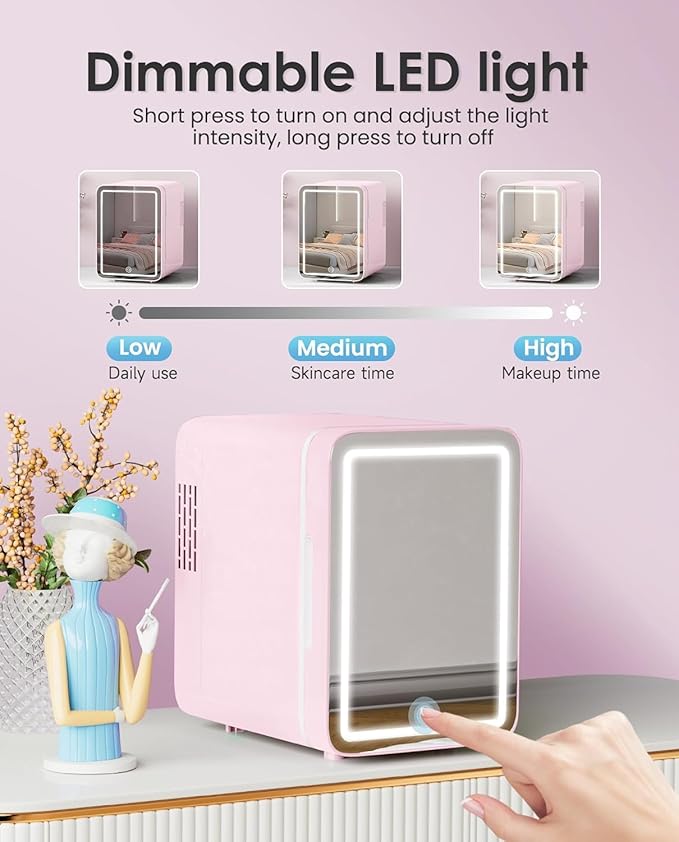 Skincare Fridge With Dimmable LED Light Mirror, 4L Makeup Mini Fridge for Bedroom, Car, Office & Dorm, Cooler & Warmer, Portable Small Refrigerator for Cosmetics, Skin Care and Food, Pink