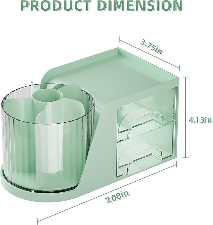Marbrasse Desk Organizer with 2 Drawer, 360°Rotating Pen Holder for Desk, Desk Organizers and Accessories with 6 Slots Pencil Organizer + 2 Drawer, Art Supply Storage Box Caddy for Office (Green)