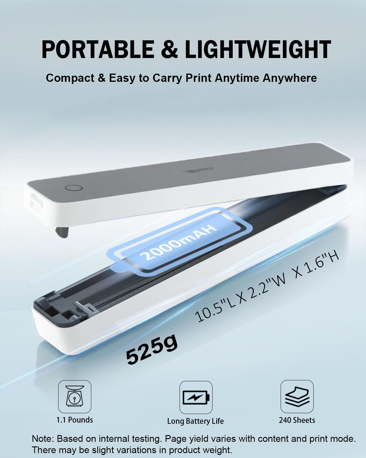 iDPRT Inkless Portable Printer for Travel, 300DPI Wireless Thermal Printer Support 8.5 x 11 Inch US Letter, A4, Small Bluetooth Printers Compatible with iOS, Android Laptop for Office Car Home, Grey