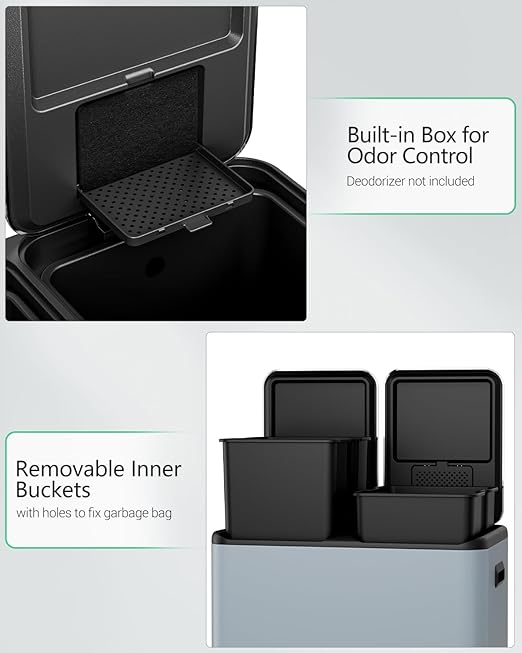 TLSUNNY Kitchen Dual Trash Can, 60L Hands-Free Stainless Steel Garbage Can, Classified Rubbish Bin with Double Compartments, Soft-Close Lid, Inner Bucket, Odor Control (60L) (Haze Blue)