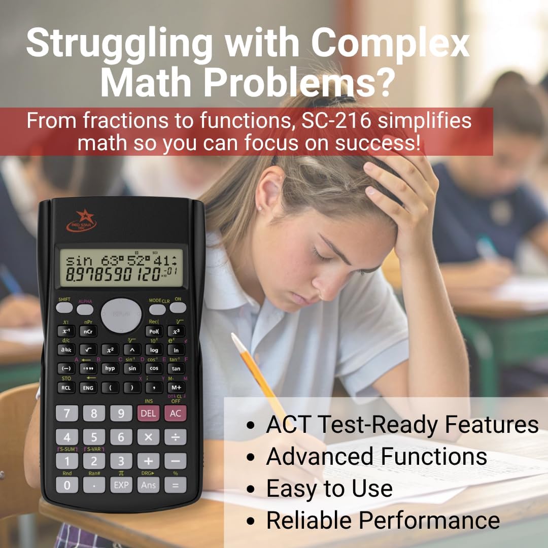 SC 216 Non Graphing Scientific Calculator for School by Red Star Tec – Black Math Calculator with 240 Functions, SAT Exam Ready, 2-Line Display, Trigonometry, Algebra & Statistics Support