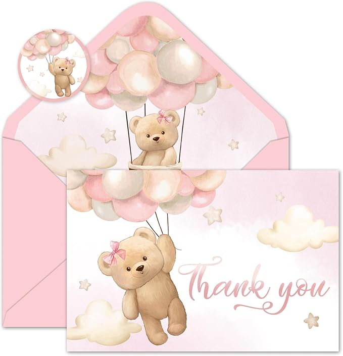 Whaline 24 Packs Bear Thank You Cards Pink Bear Balloon Greeting Cards Cute Cartoon Blank Note Cards with Envelopes and Stickers for Baby Shower Birthday Holiday Party Supplies, 4 x 6 Inch