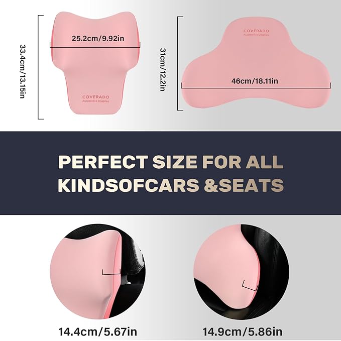 Coverado Lumbar Support and Car Neck Pillow, Ergonomic Memory Foam Desk Chair Cushion and Headrest Pillow for Car Office Chair, Sciatica & Neck & Tailbone Cushion-Pink