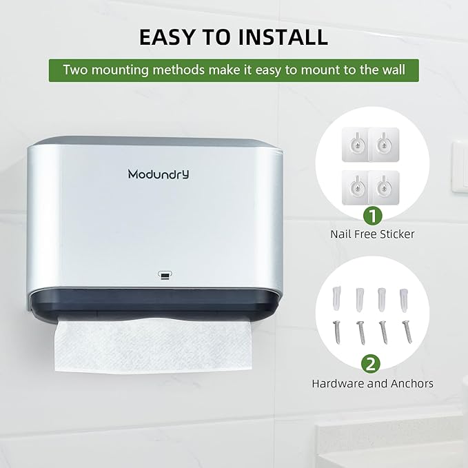 Wall Mount Paper Towel Dispensers: Adhesive No Drilling or Screws Install - Multifold/C/Z/Single fold Tissue Dispenser with Smart Lock, Hand Towel Holder for Bathroom, Restroom, Office, Home (Sliver)