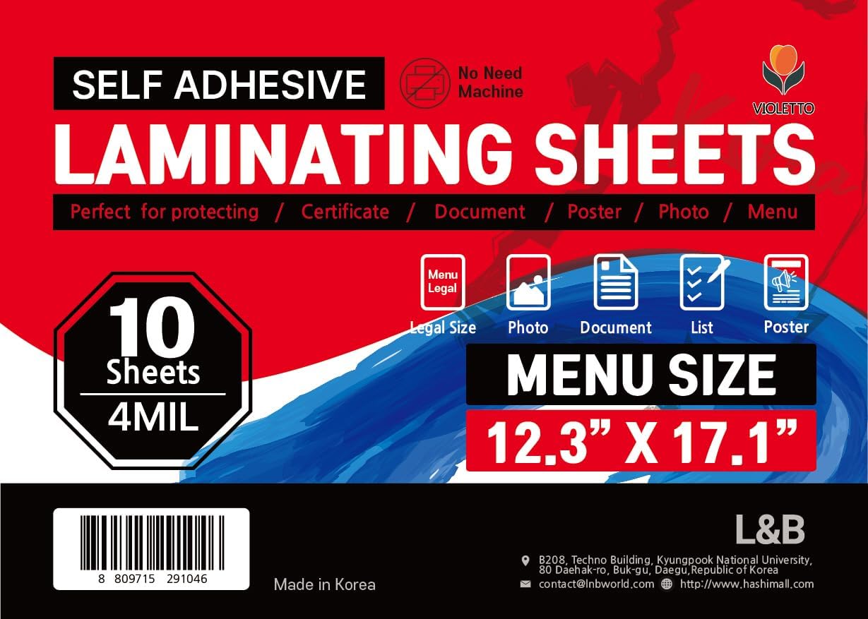 Self Adhesive Laminating Sheets 12.3x17.1 inches, 10 Pack, 4mil Thickness, No Heat or Machine Needed, Waterproof, Self Sealing, Easy Peel and Stick, Heavy Duty Clear Glossy Finish, by VIOLETTO