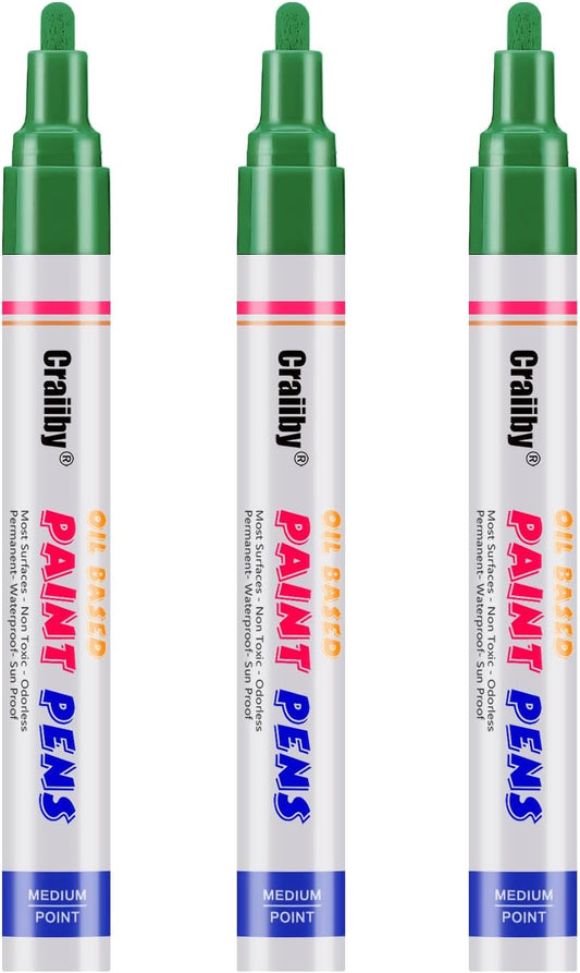 Green Paint Markers, 3 Pack Oil-Based Waterproof Quick Dry Permanent Paint Pen Set for Rocks Painting, Wood, Fabric, Plastic, Canvas, Glass, Mugs, Metal, Tire, Stone, DIY Craft