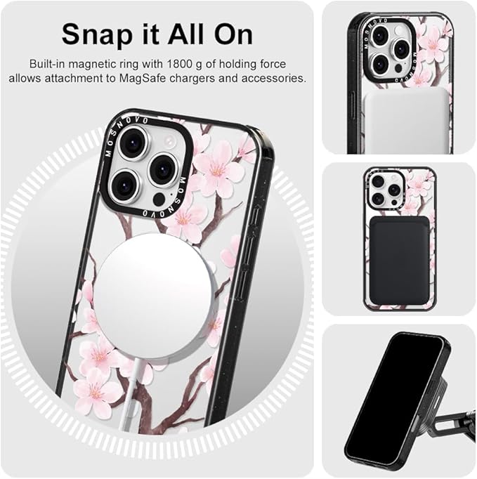 MOSNOVO Magnetic Case for iPhone 16 Pro Max, 10ft Military-Grade Protection, Compatible with Magsafe, Shockproof Phone Case for iPhone 16 Pro Max - Cherry Blossom - Clear Black