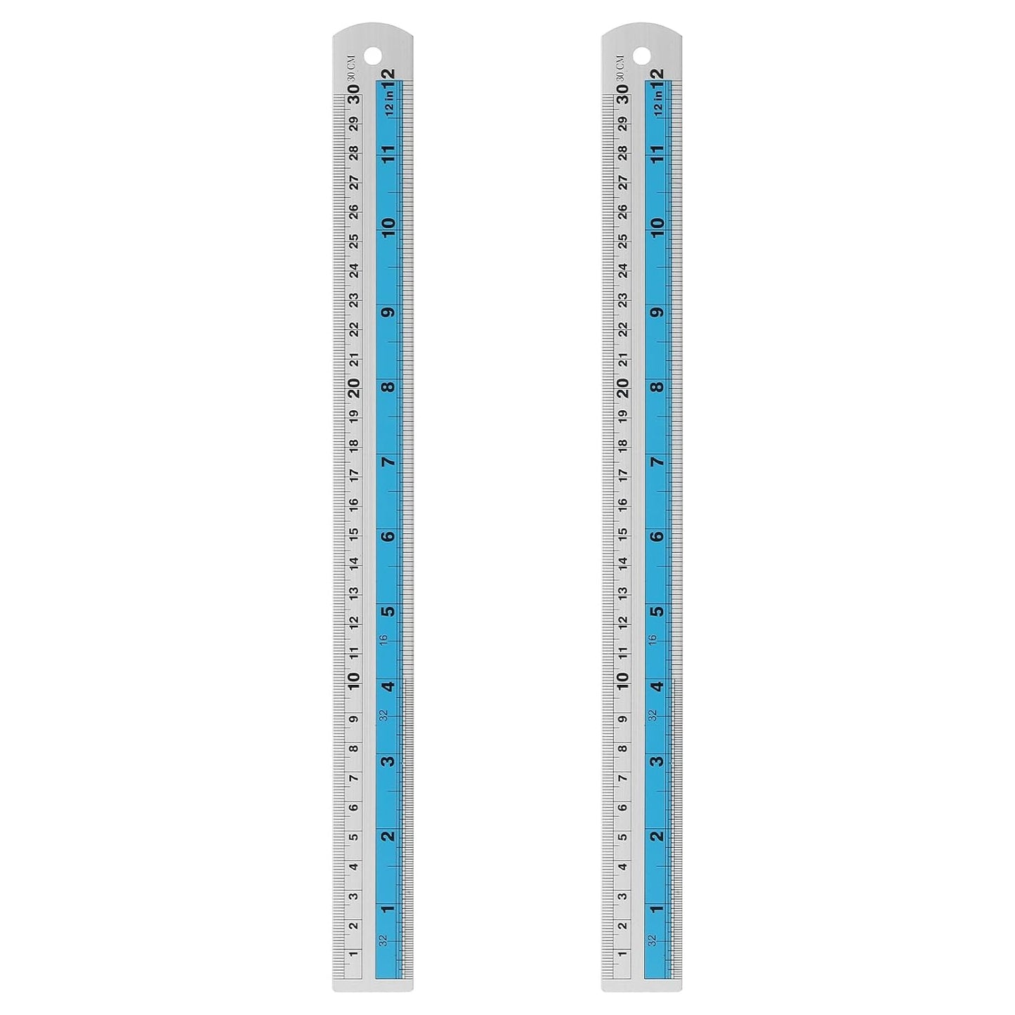 HARFINGTON 2pcs Metal Straight Ruler 30cm Metric SAE Aluminum Alloy Measuring Rulers Scale Tools with Hole for Measure Study Reading Classroom Office, Blue