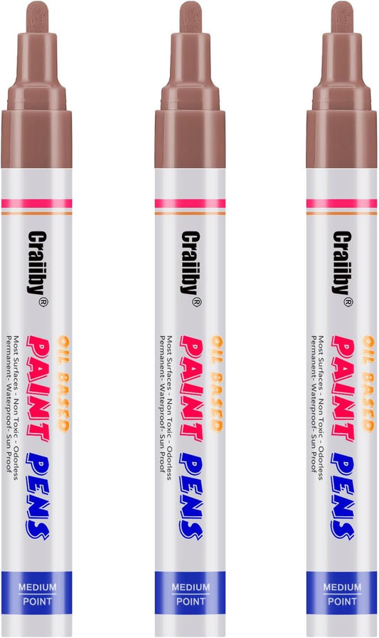 Brown Paint Markers, 3 Pack Oil-Based Waterproof Quick Dry Permanent Paint Pen Set for Rocks Painting, Wood, Fabric, Plastic, Canvas, Glass, Mugs, Metal, Tire, Stone, DIY Craft