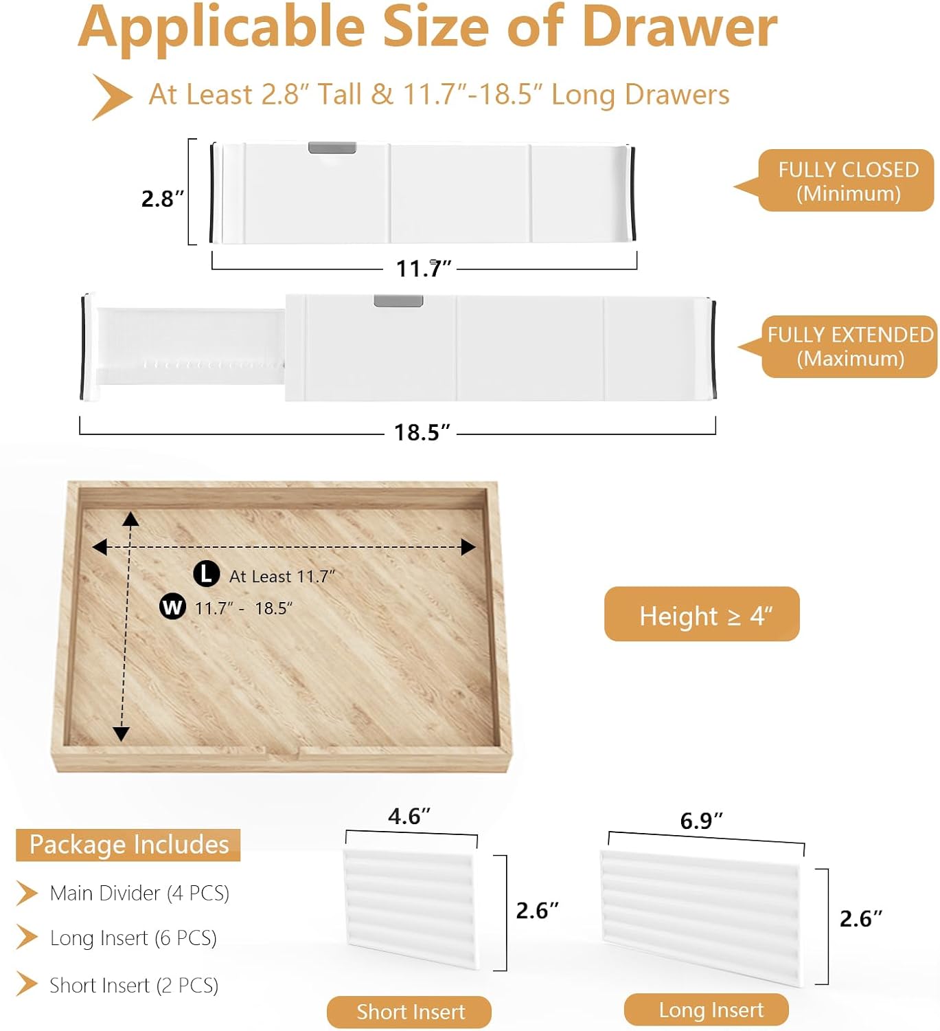 KABUM Upgrade Adjustable Drawer Divider Organizer Clothes Dresser Organizer,Expandable Organization for Home, Office,2.8" High Expandable from 11.7" to 18.5",4 Dividers with 6 Long and 2 Short Inserts
