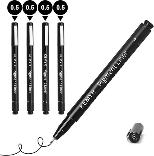 4 Micro Fine liner Drawing Art Pens Calligraphy Pens: 0.5mm Size Black Art supplies Waterproof Archival Black Ink Markers For Artists,Use for Professional Watercolor,Sketching