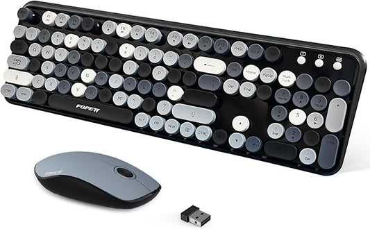 FOPETT 2.4GHz Wireless Keyboard and Mouse Set with Switch Button - Full-Size Keyboard - Compatible for Windows/Laptop/PC/Notebook/Smart TV and More - Grey Colorful