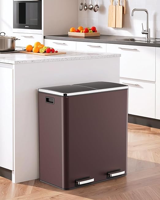 AthLike 60L(16 Gal) Dual Trash Can, Stainless Steel Kitchen Garbage Can, Double Compartment Classified Rubbish Bin, Recycle Dustbin w/Plastic Inner Buckets, Handle, Soft-Close Lid, Airtight, Brown