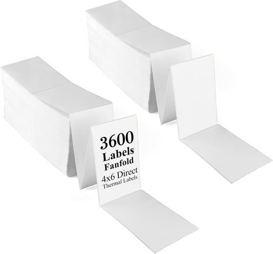 LotFancy 4x6 Thermal Labels, 3600 Shipping Labels Fanfold, 2 Stacks (1800 PCS per Stack), Perforated Mailing Postage Label, Permanent Adhesive, Address Label Compatible with Zebra, Rollo, Munbyn