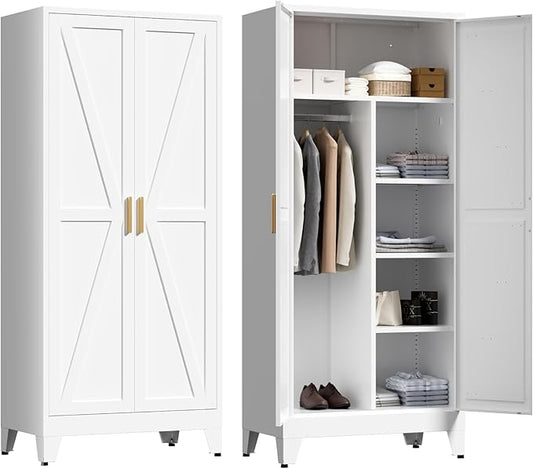 71" Tall Metal Wardrobe Closet with Adjustable Shelves and Hanging Rod, 2 Doors Office Storage Locker Cabinet for Home, Office, Bedroom, Laundry Room, White