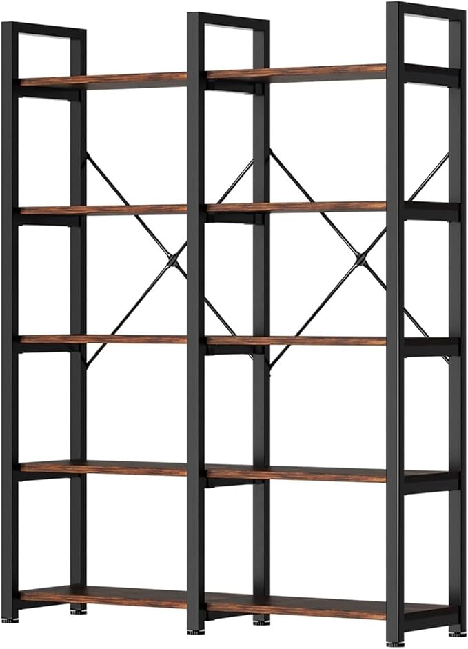 oneinmil 5 Tier Bookshelf Set of 2, 58.7'' Industrial Book Shelf, Wooden Bookshelves with 10 Open Display Shelves, Vintage Storage Rack, Standing Wide Bookcase for Home and Office, Rustic Brown
