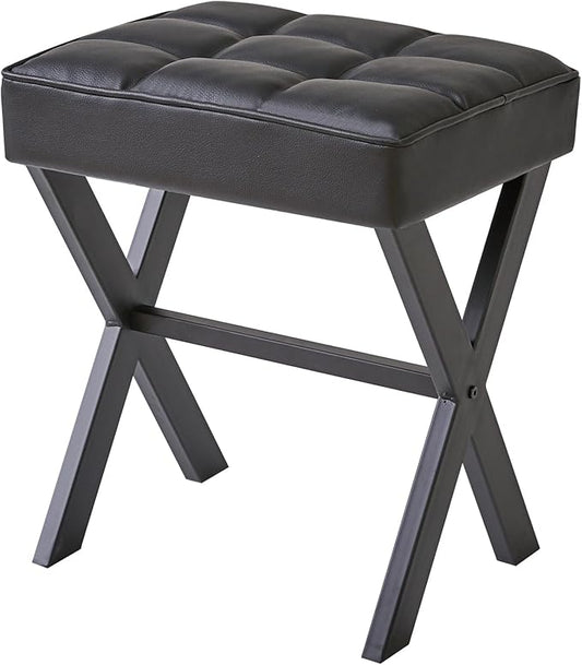 IBUYKE Square Makeup Stool with X-Leg Foot Rest, PU Footrest, Ottoman Seat Vanity Stool, Multi-Use as Small Side Table, for Bedroom, Living Room, Black LG-71B